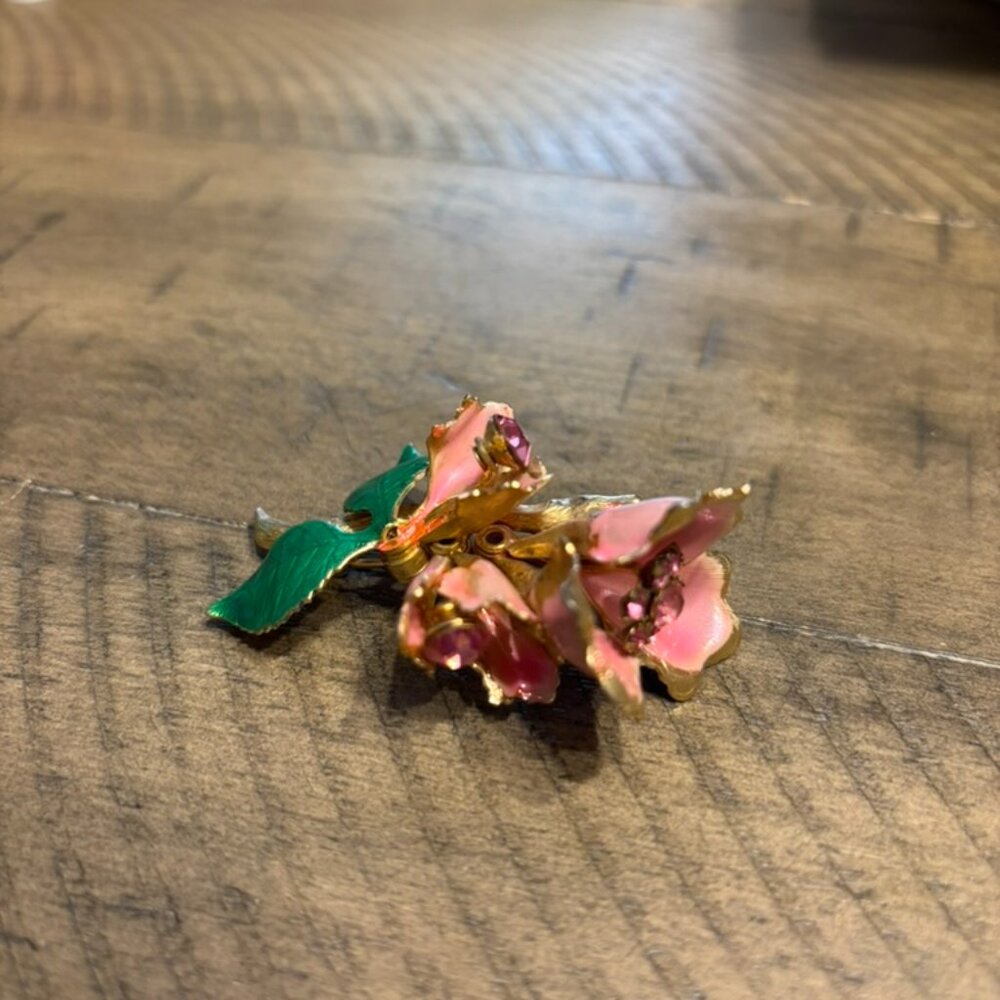 Vintage Pink enamel and crystal tulip Brooch